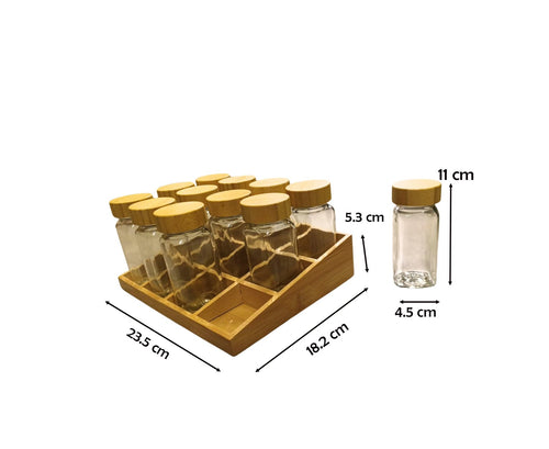 Ensemble de 12 Pots à Épices en Verre avec Support en Bois