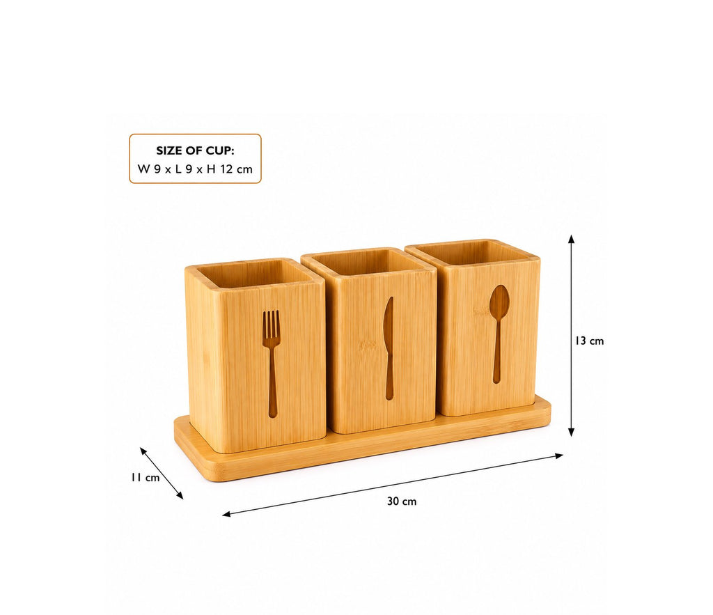 Porte-Couverts en Bambou avec 3 Compartiments et Plateau