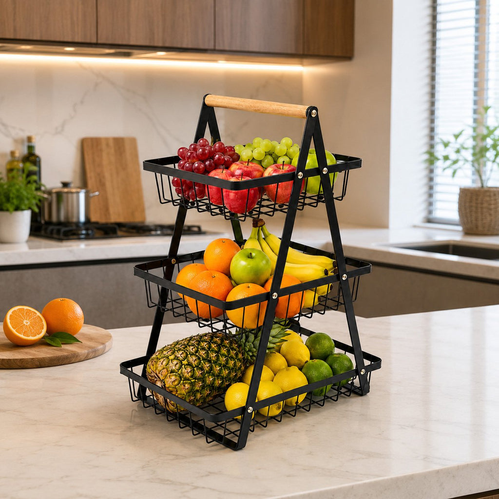 Organisateur à Fruits à 3 Niveaux avec Poignée en Bois