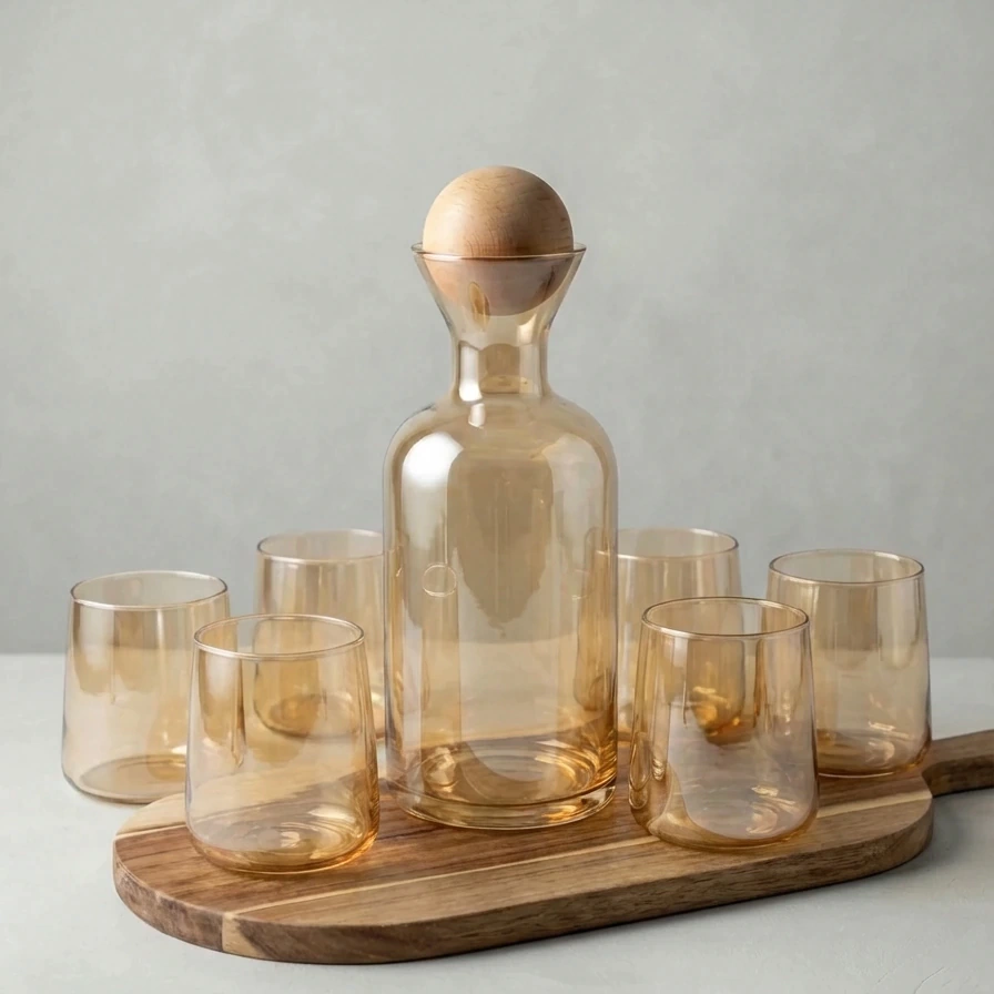 Ensemble de 7 pièces – Pichet et 6 verres ambrés à effet miroir