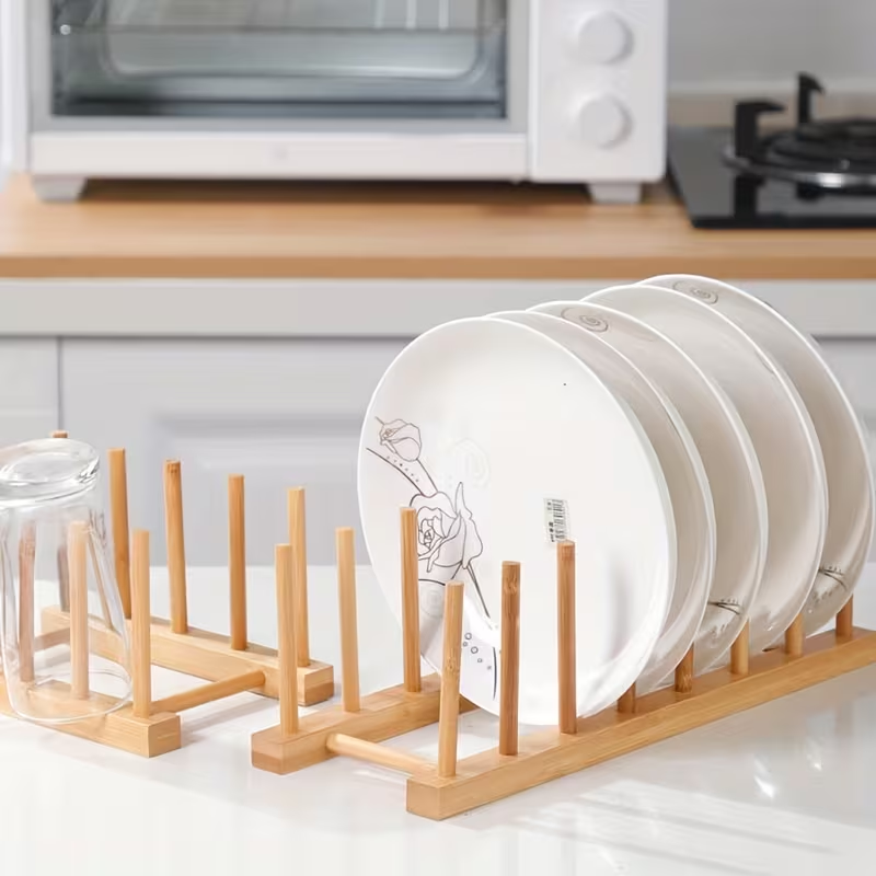 Support de Rangement Multifonction en Bambou – Porte-Assiettes, Couvercles & Ustensiles
