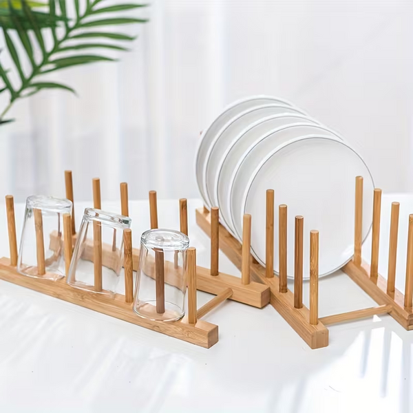 Support de Rangement Multifonction en Bambou – Porte-Assiettes, Couvercles & Ustensiles